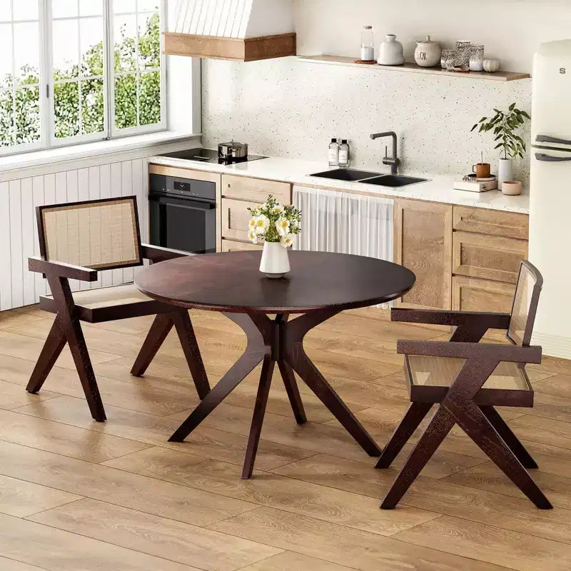 Table de salle à manger/cuisine ronde en bois massif de 120 cm pour 4 à 6 personnes avec piédestal entrecroisé