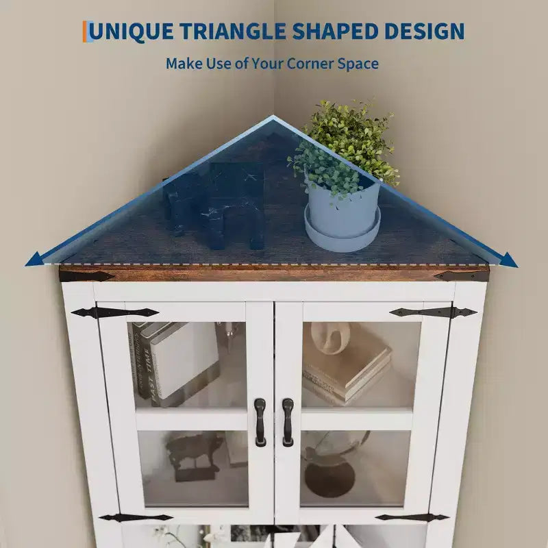 Meuble de Rangement d'Angle Haut de 67 po, Vaisselier d'Angle de Style Ferme avec Portes Vitrées, Organisateur de Rangement en Bois