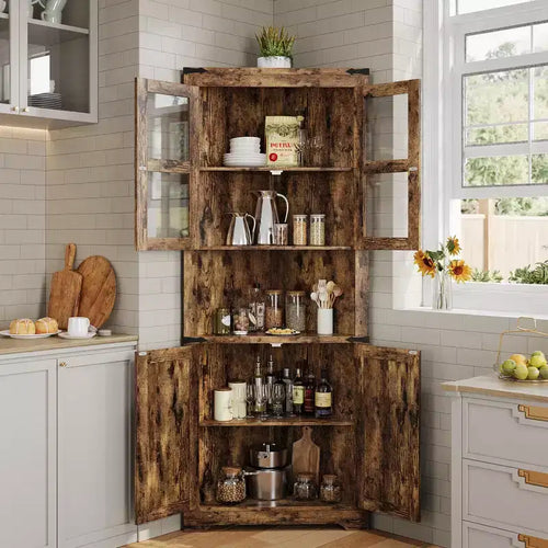 Meuble de Rangement d'Angle Haut de 67 po, Vaisselier d'Angle de Style Ferme avec Portes Vitrées, Organisateur de Rangement en Bois