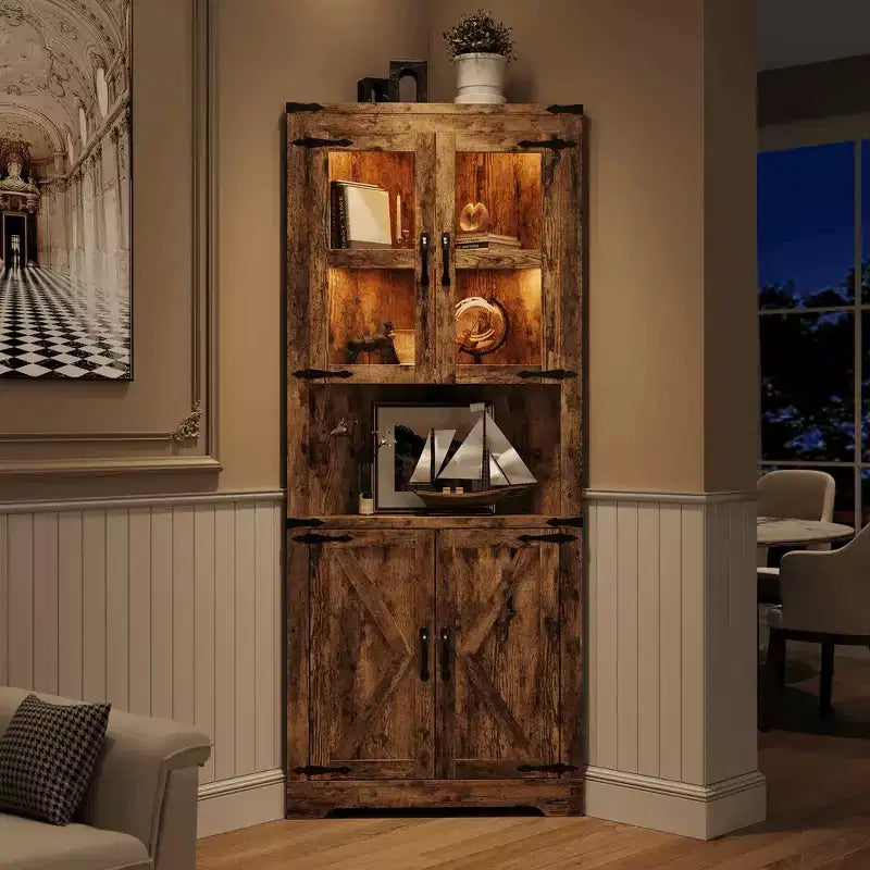 Meuble de Rangement d'Angle Haut de 67 po, Vaisselier d'Angle de Style Ferme avec Portes Vitrées, Organisateur de Rangement en Bois
