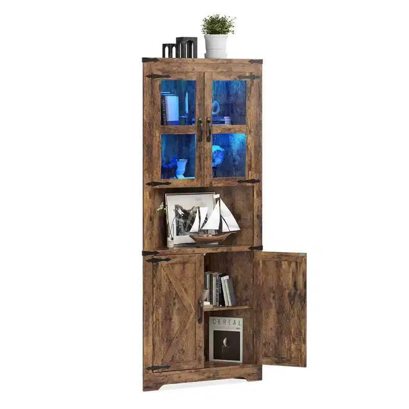 Meuble de Rangement d'Angle Haut de 67 po, Vaisselier d'Angle de Style Ferme avec Portes Vitrées, Organisateur de Rangement en Bois