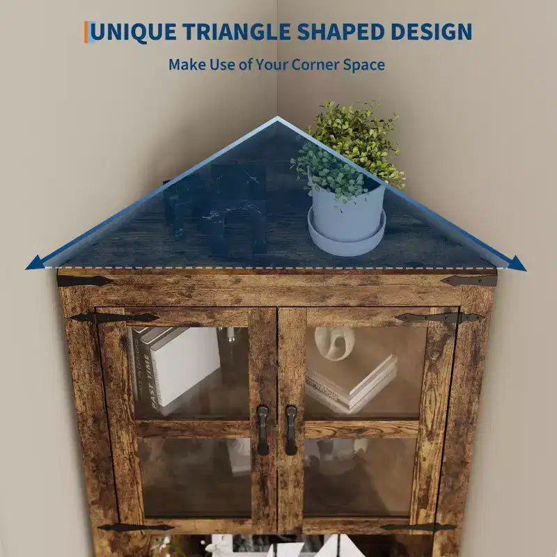 Meuble de Rangement d'Angle Haut de 67 po, Vaisselier d'Angle de Style Ferme avec Portes Vitrées, Organisateur de Rangement en Bois