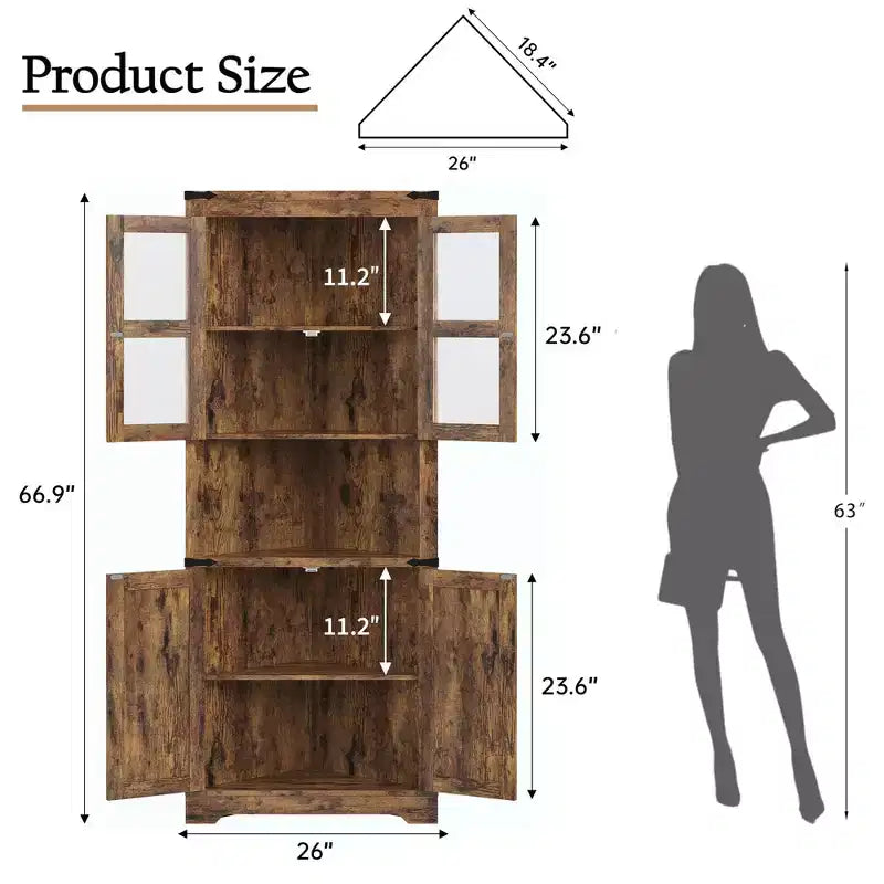 Meuble de Rangement d'Angle Haut de 67 po, Vaisselier d'Angle de Style Ferme avec Portes Vitrées, Organisateur de Rangement en Bois