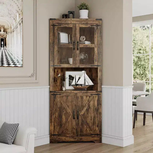 67 Tall Corner Storage Cabinet, Farmhouse Corner Hutch Display Cabinet with Glass Doors, Wooden Storage Organizer