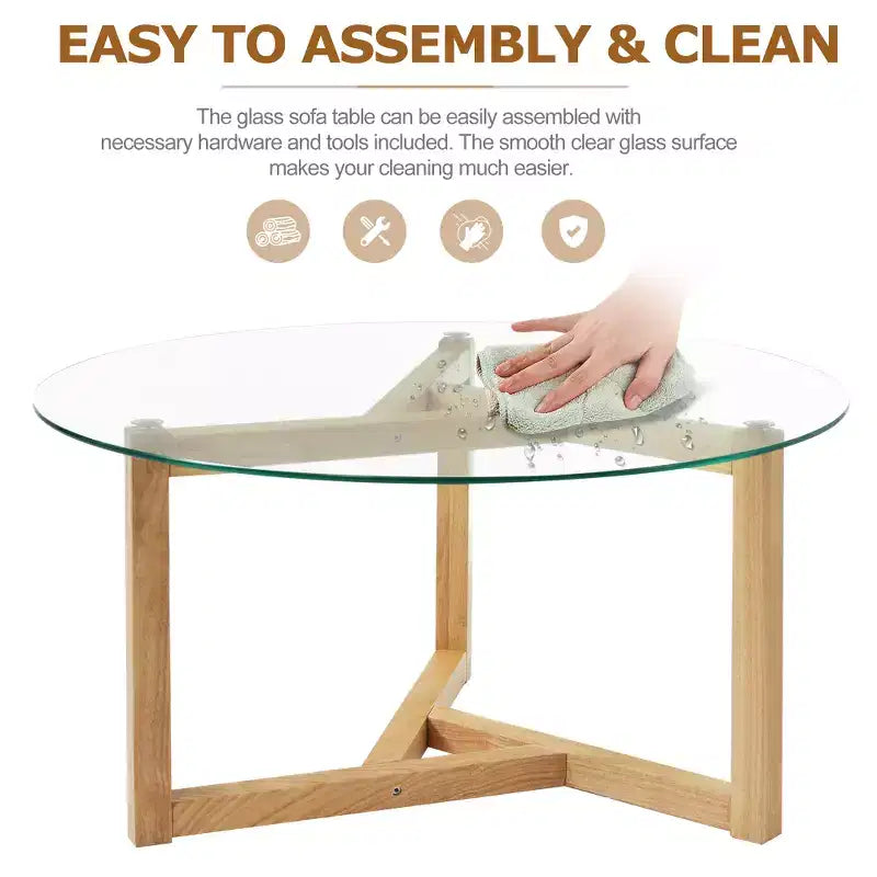 Table basse ronde moderne Zeus & Ruta en verre avec base en bois robuste