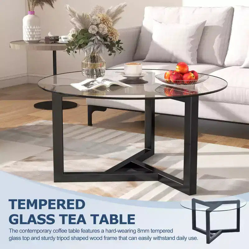 Table basse ronde moderne Zeus & Ruta en verre avec base en bois robuste