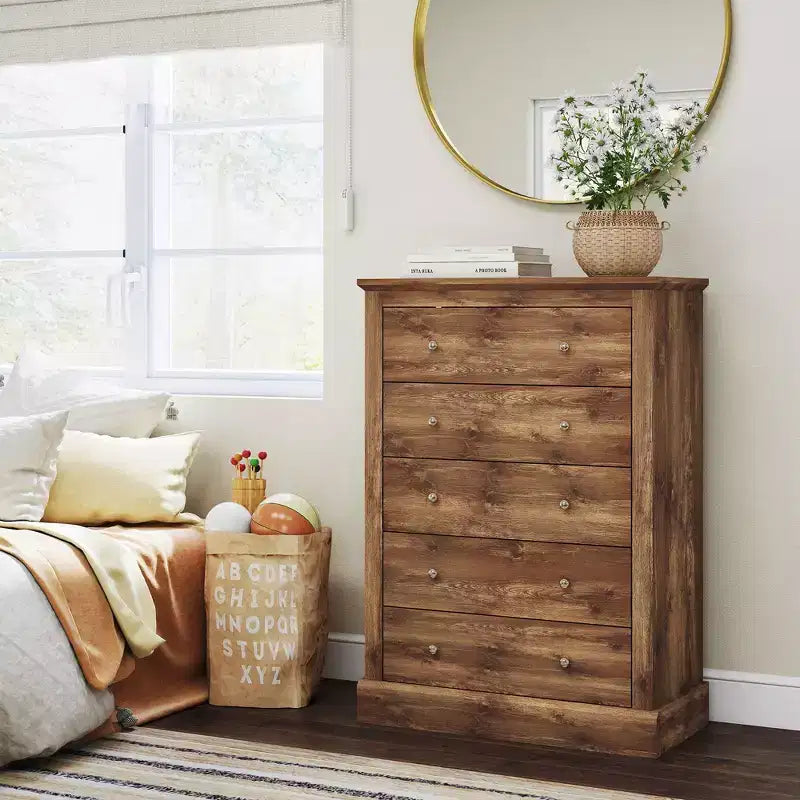 HOMCOM Commode de chambre à coucher de style campagnard avec 5 tiroirs, commode de 80 cm de large