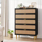 5-Drawer Rattan Dresser for Bedroom, Large Wooden Chest with Wide Top for Bedroom, Living Room, Hallway, or Kids Room