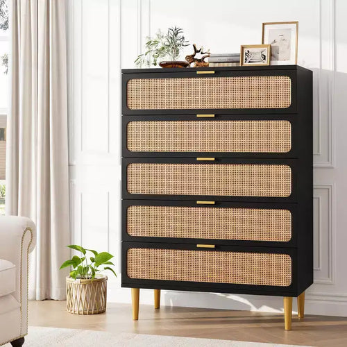 5-Drawer Rattan Dresser for Bedroom, Large Wooden Chest with Wide Top for Bedroom, Living Room, Hallway, or Kids Room
