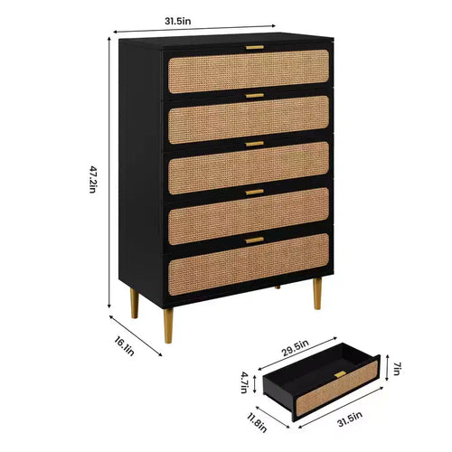 Commode 5 tiroirs en rotin pour chambre à coucher, grande commode en bois avec large plateau pour chambre à coucher, salon, couloir ou chambre d'enfant