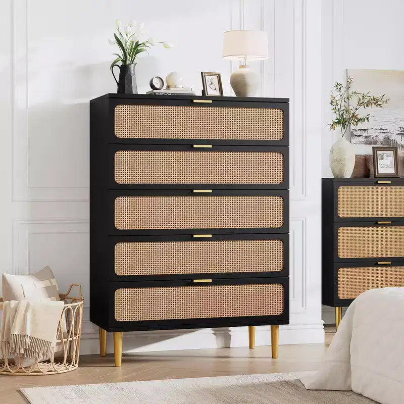 Commode 5 tiroirs en rotin pour chambre à coucher, grande commode en bois avec large plateau pour chambre à coucher, salon, couloir ou chambre d'enfant
