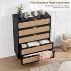 Commode 5 tiroirs en rotin pour chambre à coucher, grande commode en bois avec large plateau pour chambre à coucher, salon, couloir ou chambre d'enfant