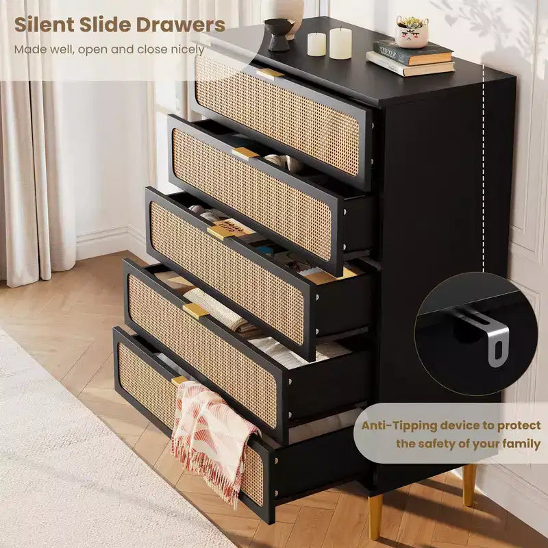Commode 5 tiroirs en rotin pour chambre à coucher, grande commode en bois avec large plateau pour chambre à coucher, salon, couloir ou chambre d'enfant