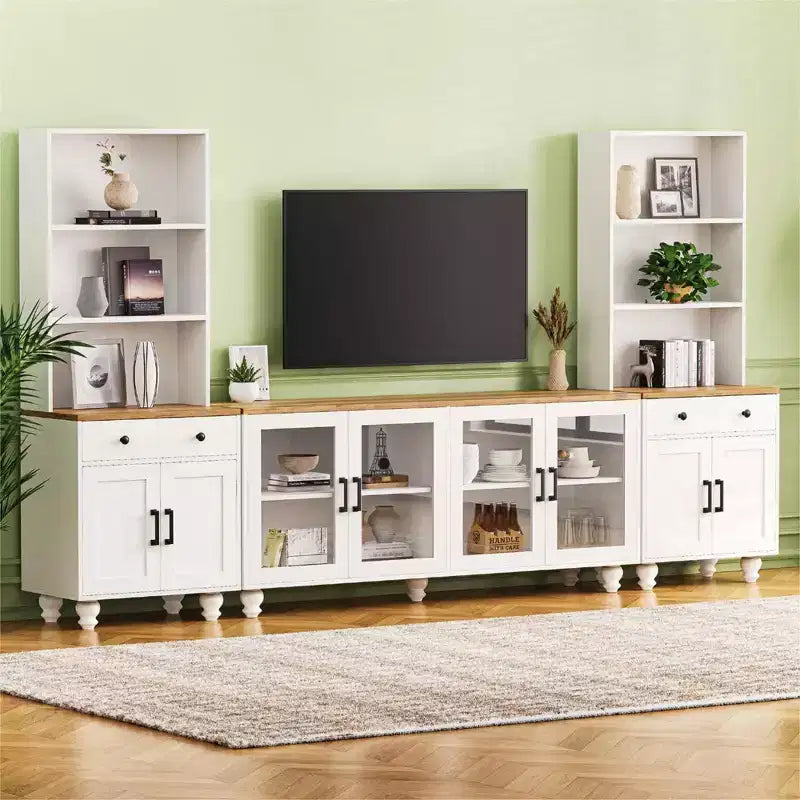 Meuble TV de ferme CLIHOME pour téléviseurs jusqu'à 70 pouces, centre de divertissement avec étagères et portes en verre trempé