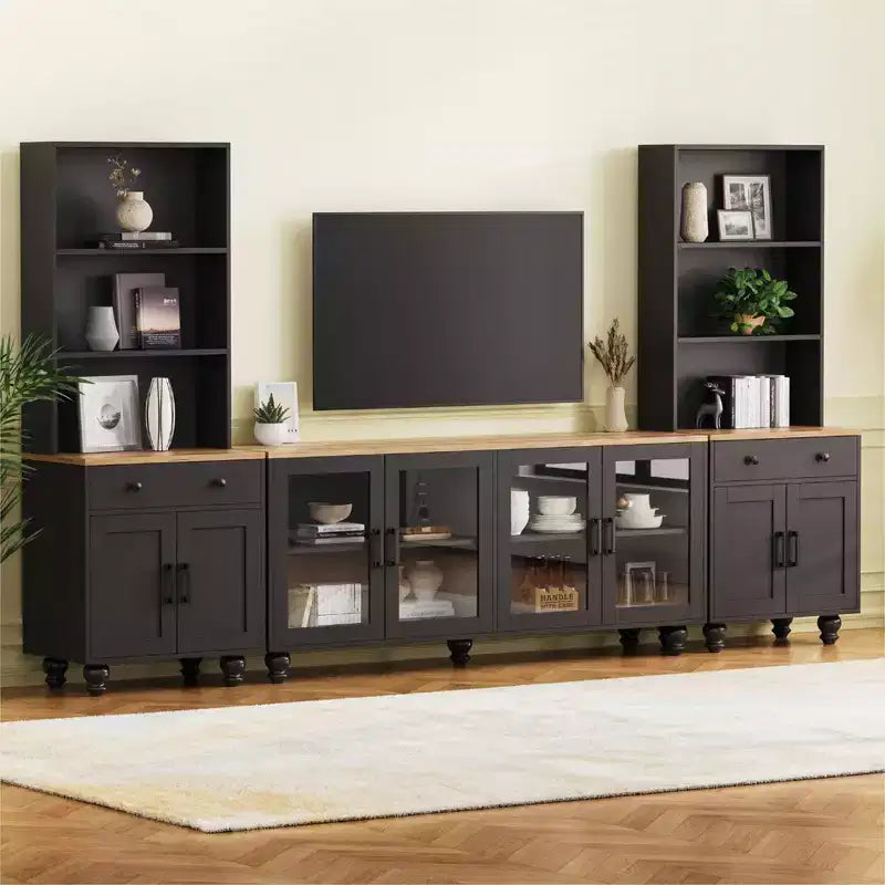 Meuble TV de ferme CLIHOME pour téléviseurs jusqu'à 70 pouces, centre de divertissement avec étagères et portes en verre trempé
