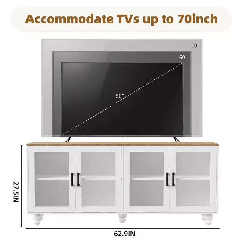 Meuble TV de ferme CLIHOME pour téléviseurs jusqu'à 70 pouces, centre de divertissement avec étagères et portes en verre trempé
