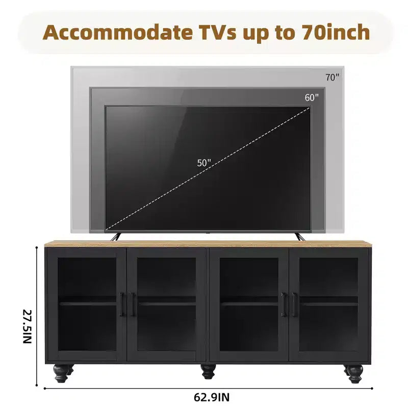 Meuble TV de ferme CLIHOME pour téléviseurs jusqu'à 70 pouces, centre de divertissement avec étagères et portes en verre trempé