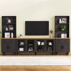 CLIHOME Farmhouse TV Stand for TVs Up to 70, Entertainment Center with Bookshelves & Tempered Glass Doors