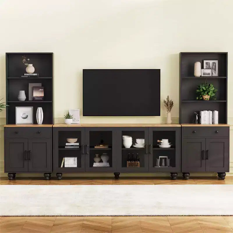 CLIHOME Farmhouse TV Stand for TVs Up to 70, Entertainment Center with Bookshelves & Tempered Glass Doors