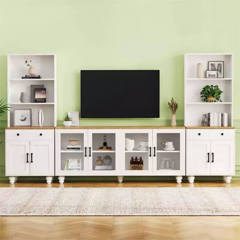Meuble TV de ferme CLIHOME pour téléviseurs jusqu'à 70 pouces, centre de divertissement avec étagères et portes en verre trempé
