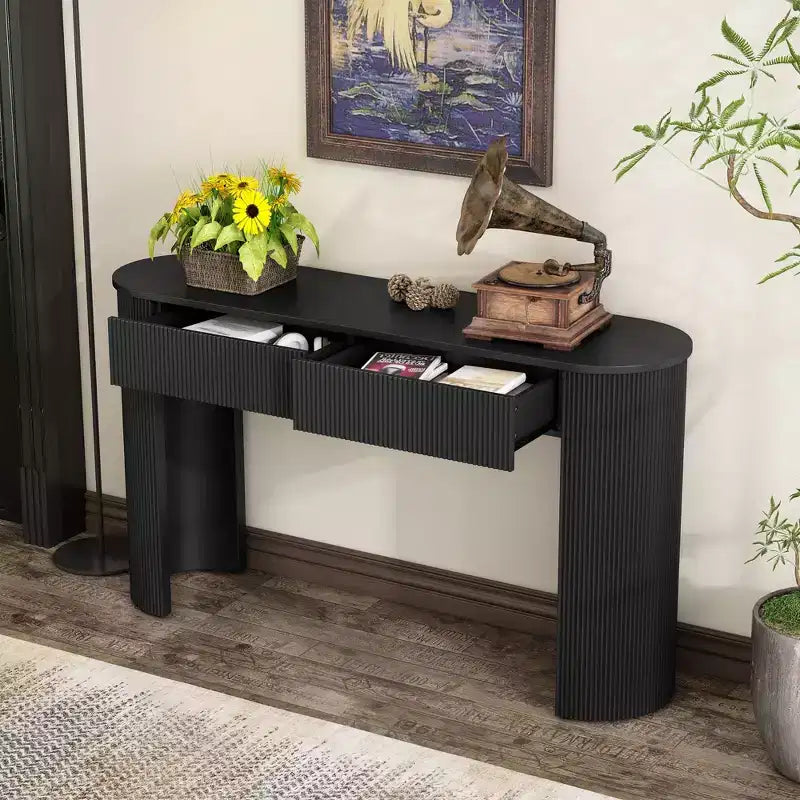 Table d'entrée avec design cannelé Console moderne avec rangement Plateau ovale et 2 tiroirs pour entrée et salon Noir