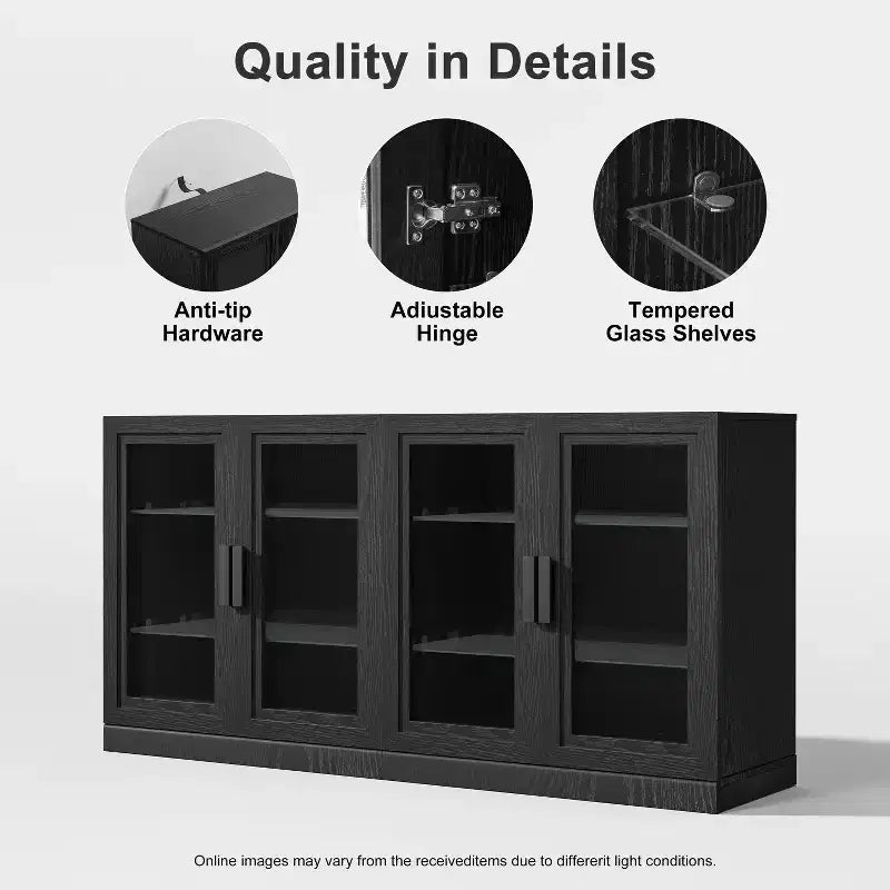 PexFix 31x62x16 Meuble de rangement avec 4 portes et espace de rangement, organisateur polyvalent pour cuisine, salon, noir