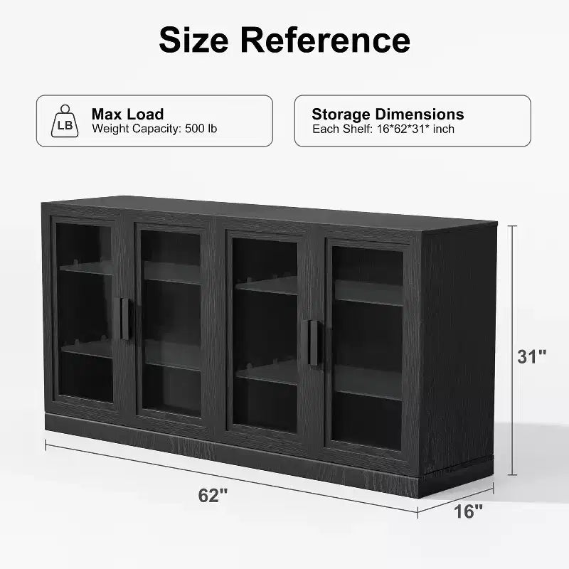 PexFix 31x62x16 Meuble de rangement avec 4 portes et espace de rangement, organisateur polyvalent pour cuisine, salon, noir