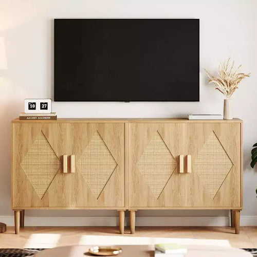 Acekool Two-Piece Dining Sideboard with Handcrafted Rattan Doors, Adjustable Shelves & Large Storage for Living Room, Dining Room & Kitchen