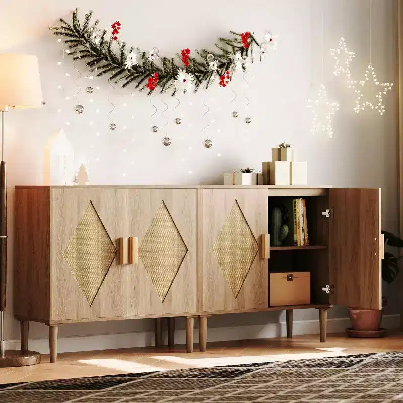 Acekool – Buffet de salle à manger deux pièces avec portes en rotin tressé, étagères réglables et grand espace de rangement pour salon, salle à manger et cuisine