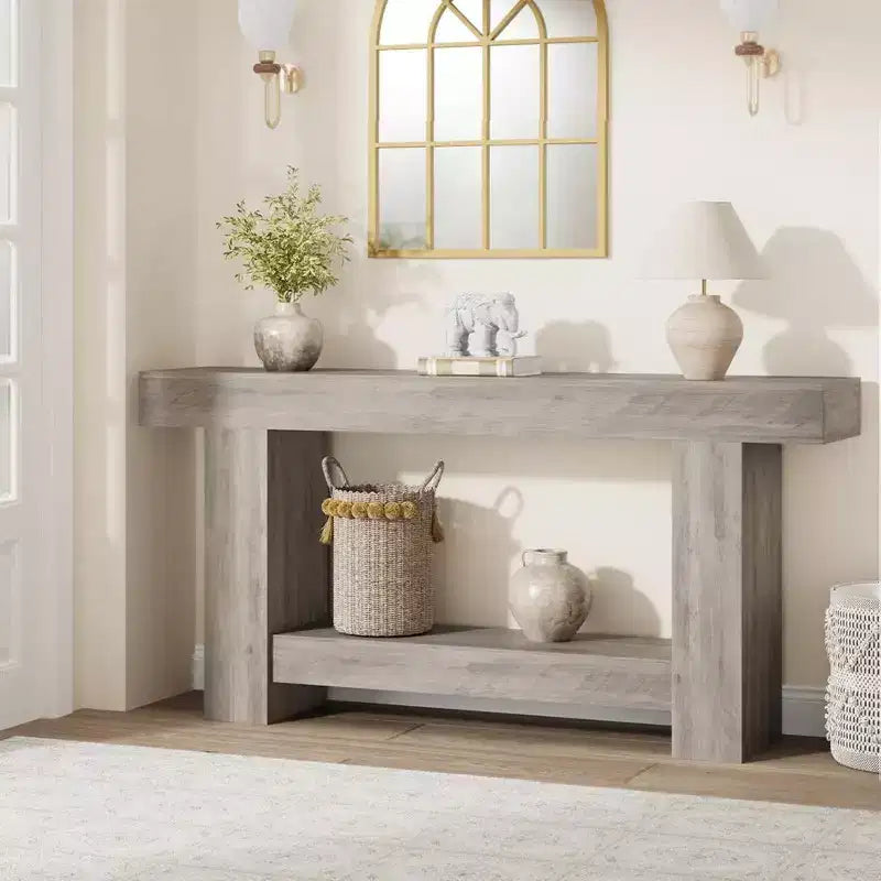 Console 63, Table d'entrée étroite de style fermier à 2 niveaux, Table de canapé, Tables consoles pour entrée