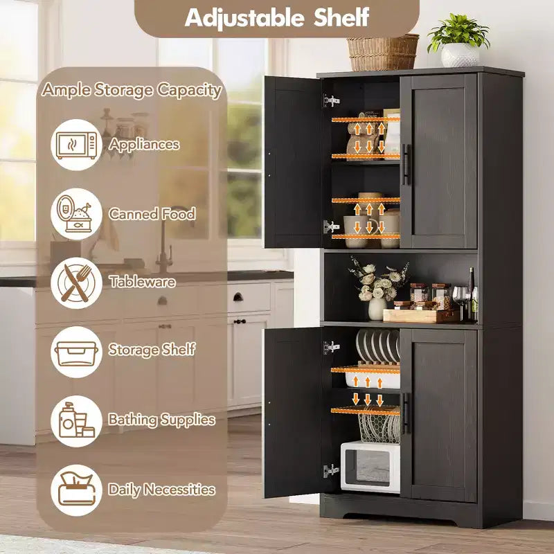 Meuble de cuisine CuisinSmart de 70 pouces de haut, Armoire de rangement sur pied avec 4 portes et étagères réglables, Grand meuble en bois pour bar à café et rangements utilitaires