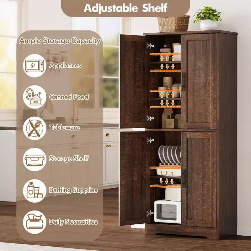 Meuble de cuisine CuisinSmart de 70 pouces de haut, Armoire de rangement sur pied avec 4 portes et étagères réglables, Grand meuble en bois pour bar à café et rangements utilitaires
