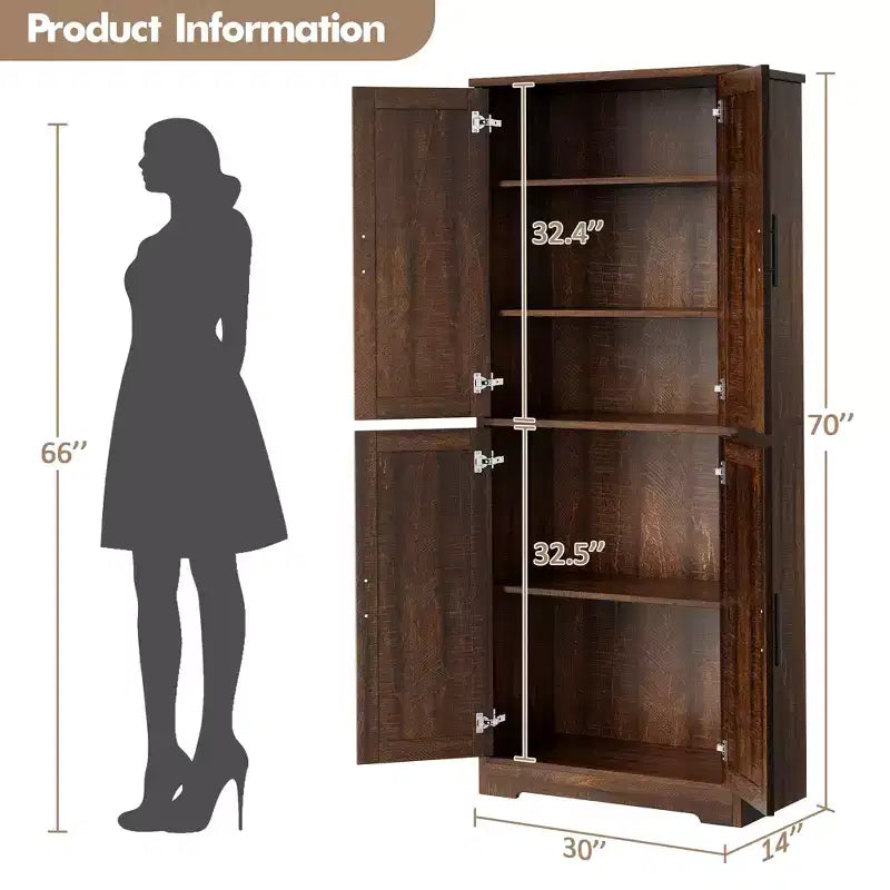 Meuble de cuisine CuisinSmart de 70 pouces de haut, Armoire de rangement sur pied avec 4 portes et étagères réglables, Grand meuble en bois pour bar à café et rangements utilitaires