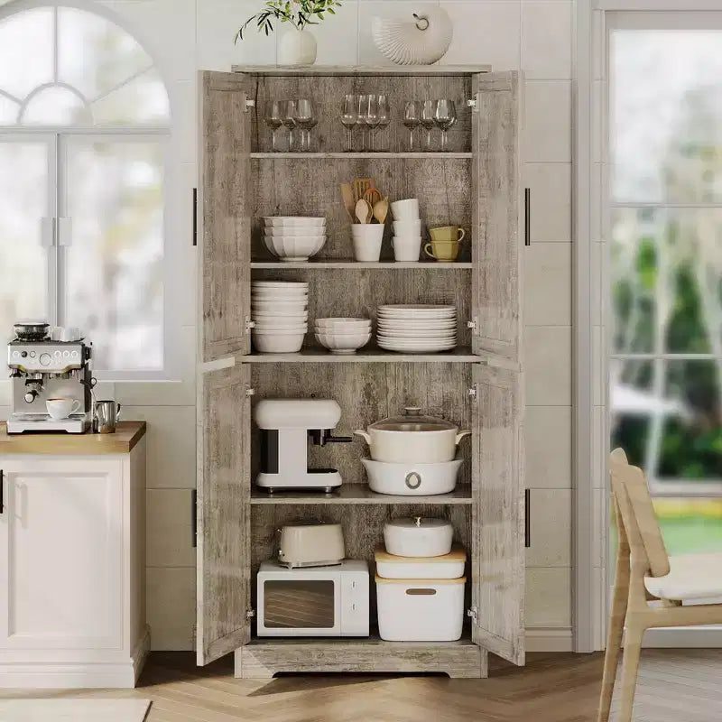 Meuble de cuisine CuisinSmart de 70 pouces de haut, Armoire de rangement sur pied avec 4 portes et étagères réglables, Grand meuble en bois pour bar à café et rangements utilitaires