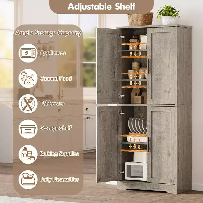 Meuble de cuisine CuisinSmart de 70 pouces de haut, Armoire de rangement sur pied avec 4 portes et étagères réglables, Grand meuble en bois pour bar à café et rangements utilitaires