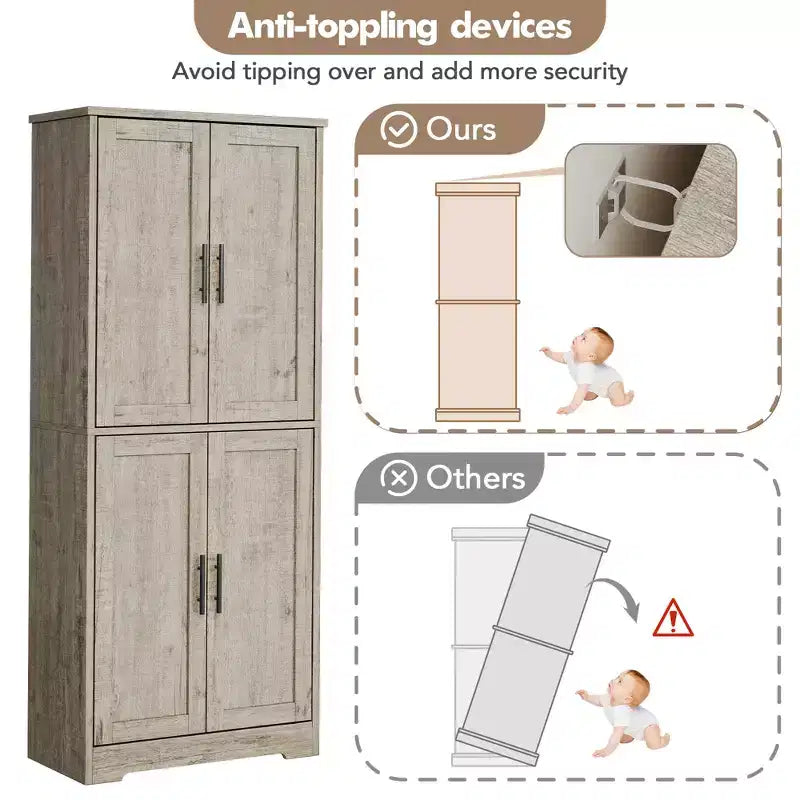 Meuble de cuisine CuisinSmart de 70 pouces de haut, Armoire de rangement sur pied avec 4 portes et étagères réglables, Grand meuble en bois pour bar à café et rangements utilitaires