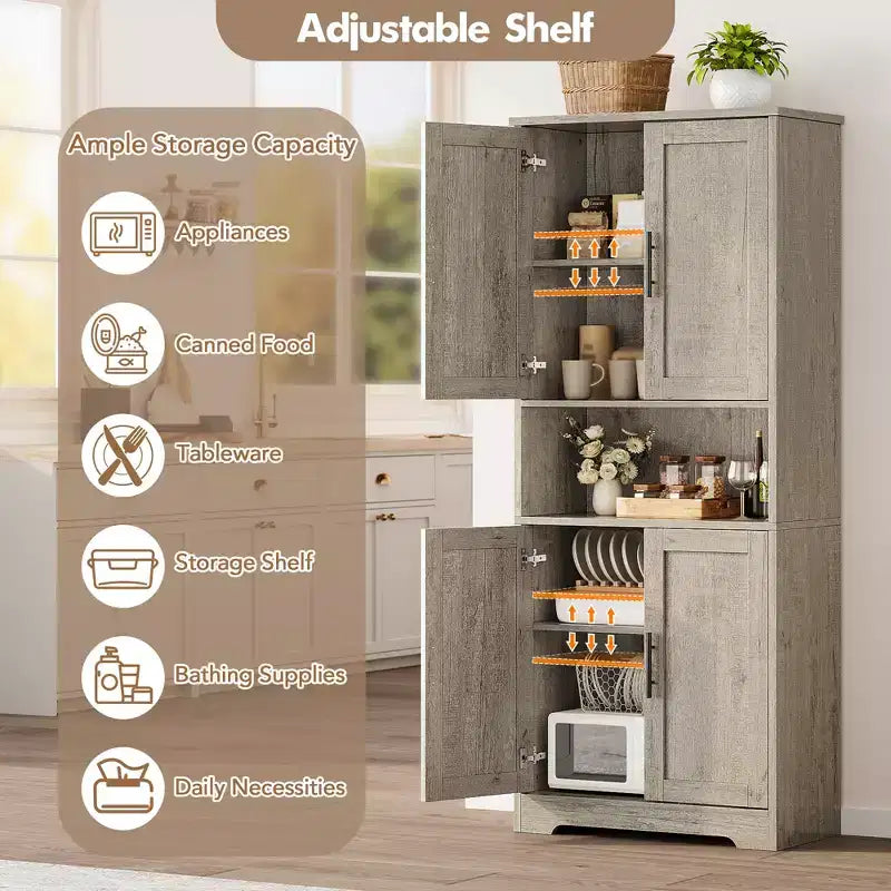 Meuble de cuisine CuisinSmart de 70 pouces de haut, Armoire de rangement sur pied avec 4 portes et étagères réglables, Grand meuble en bois pour bar à café et rangements utilitaires