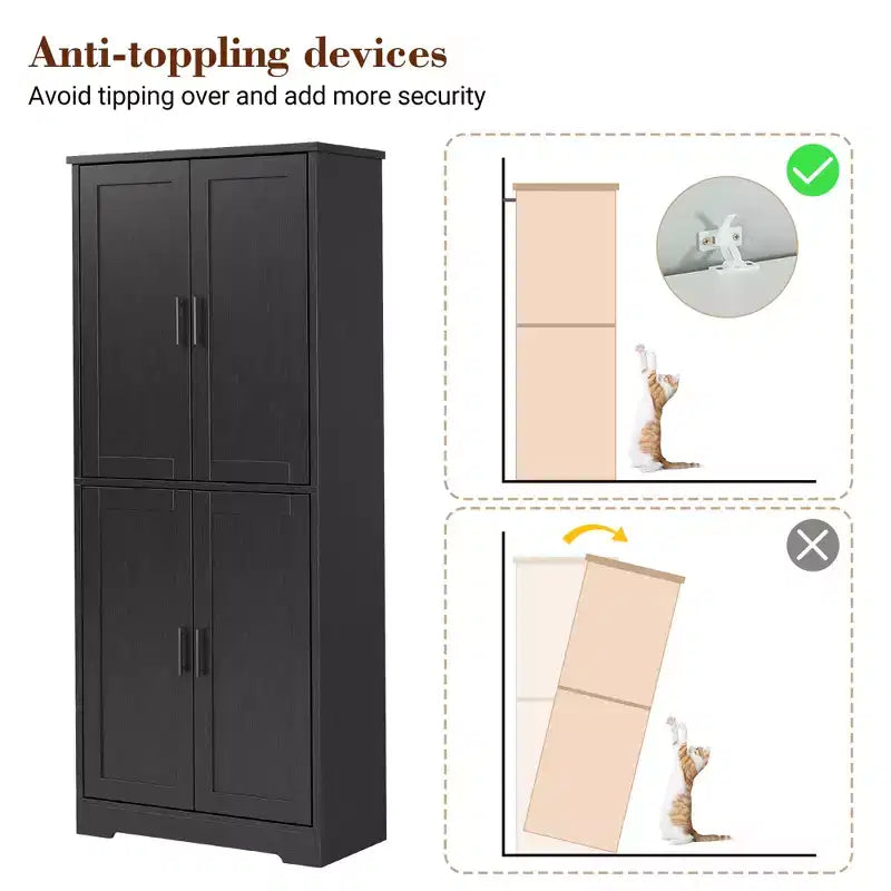 Meuble de cuisine CuisinSmart de 70 pouces de haut, Armoire de rangement sur pied avec 4 portes et étagères réglables, Grand meuble en bois pour bar à café et rangements utilitaires