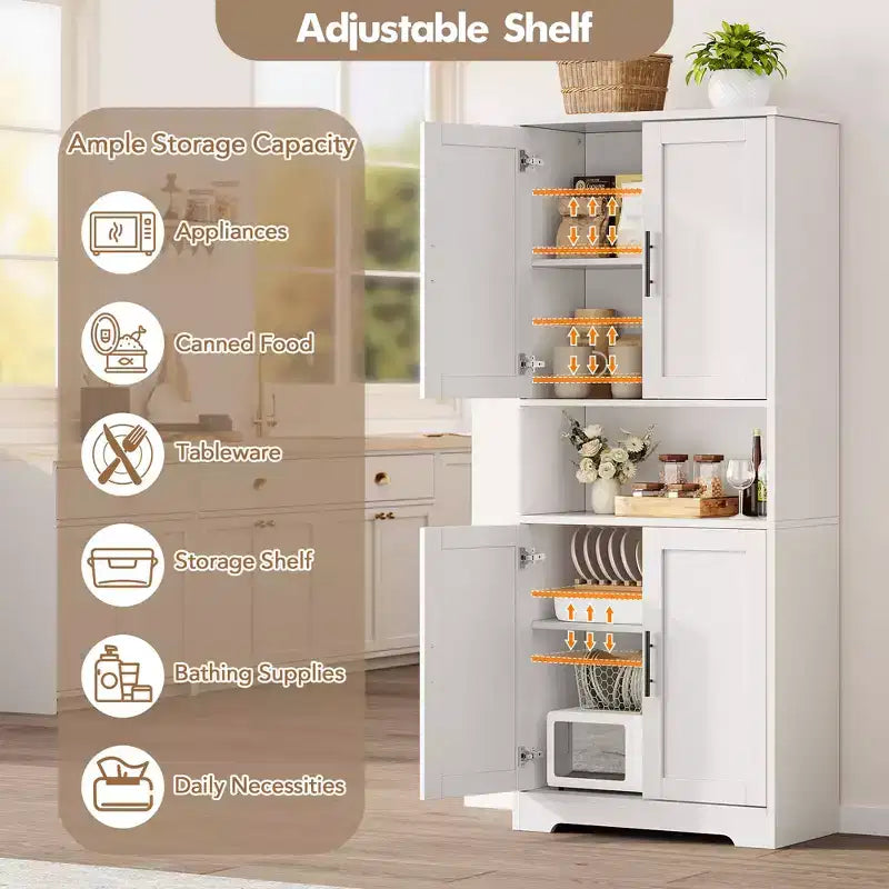 Meuble de cuisine CuisinSmart de 70 pouces de haut, Armoire de rangement sur pied avec 4 portes et étagères réglables, Grand meuble en bois pour bar à café et rangements utilitaires