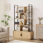 Acekool 71 5-Tier Rattan Bookshelf with Cabinet & Door, Metal Frame Industrial Bookcase for Living Room & Bedroom