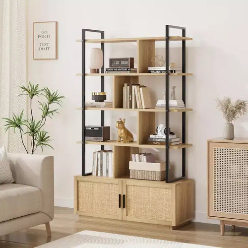 Acekool 71 5-Tier Rattan Bookshelf with Cabinet & Door, Metal Frame Industrial Bookcase for Living Room & Bedroom