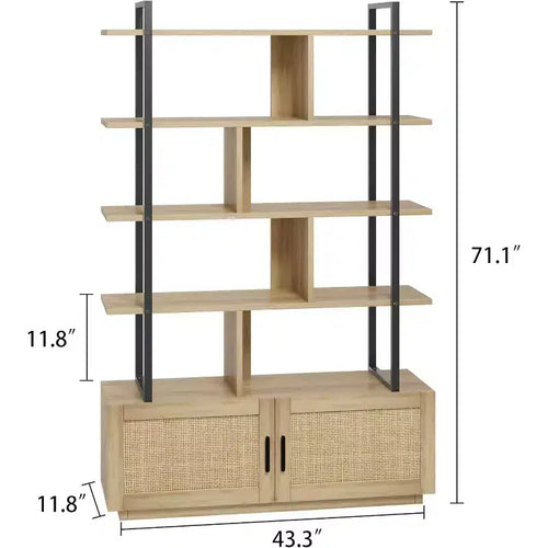 Acekool 71 Bibliothèque en rotin à 5 niveaux avec armoire et porte, étagère industrielle à cadre métallique pour salon et chambre à coucher