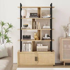 Acekool 71 Bibliothèque en rotin à 5 niveaux avec armoire et porte, étagère industrielle à cadre métallique pour salon et chambre à coucher
