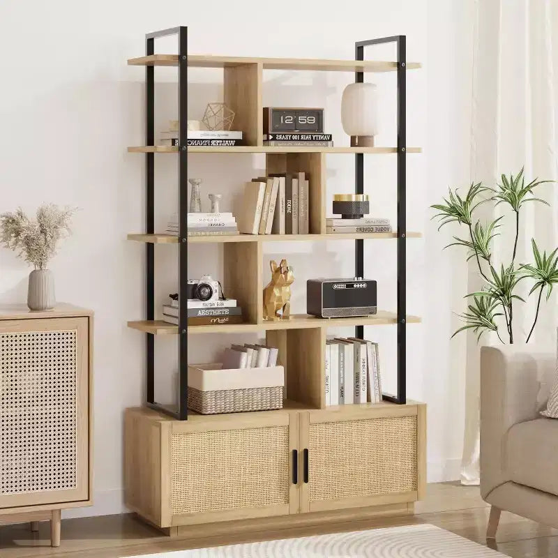 Acekool 71 Bibliothèque en rotin à 5 niveaux avec armoire et porte, étagère industrielle à cadre métallique pour salon et chambre à coucher