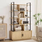Acekool 71 Bibliothèque en rotin à 5 niveaux avec armoire et porte, étagère industrielle à cadre métallique pour salon et chambre à coucher