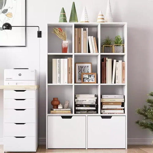 Acekool 9-Cube Storage Organizer with 2 Drawers, 3-Tier White Bookshelf for Kids Room, Living Room, Office & Bedroom