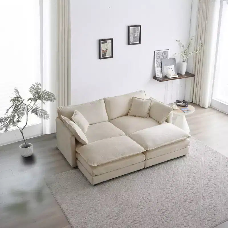 4 Piece Upholstered Sofa 1 Piece of 2 Seater Sofa and 2 Piece of Ottomans 2 Seater Loveseat Lounge with Ottomans Beige Chenille
