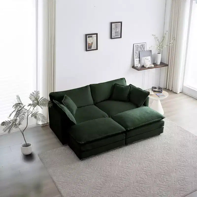 Canapé rembourré 4 pièces 1 canapé 2 places et 2 poufs Causeuse 2 places avec poufs Chenille beige