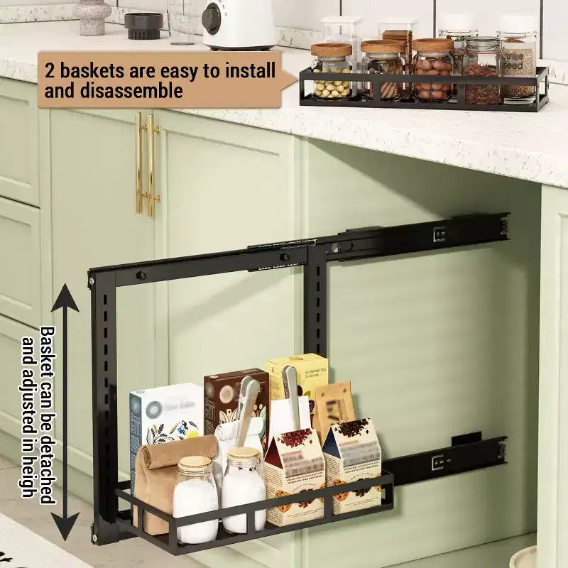 TROPOW Organisateur de rangement sous évier, étagère d'organisation coulissante à 2 niveaux en acier au carbone avec panier coulissant, étagère de rangement coulissante sous évier