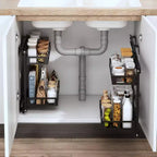 TROPOW Organisateur de rangement sous évier, étagère d'organisation coulissante à 2 niveaux en acier au carbone avec panier coulissant, étagère de rangement coulissante sous évier